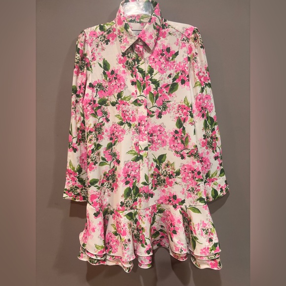 Tuckernuck Callahan Shirtdress Small Pink Hydrangea Ruffle Hem Floral - Small - Picture 1 of 9